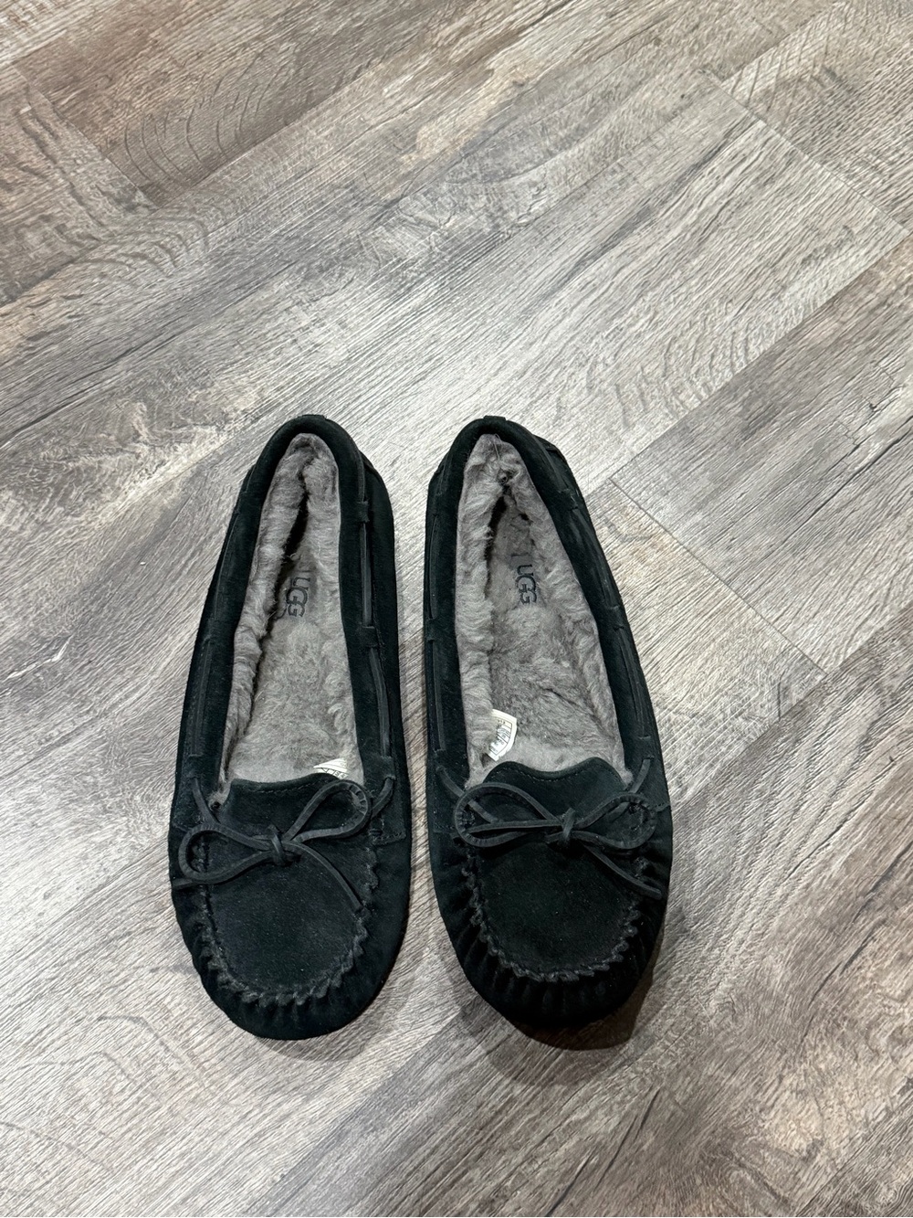 UGG Black Suede Women's Moccasin Slippers with Bow